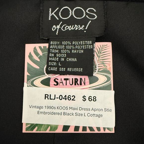 Vintage 1990s KOOS Maxi Dress Apron Stle Embroidered Black Size L Cottage - Picture 5 of 6